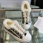 ALK'N PLATFORM SNEAKER CAMEL BROWN COTTON EMBROIDERED WITH OBLIQUE MOTIF AND WHITE SHEARLING